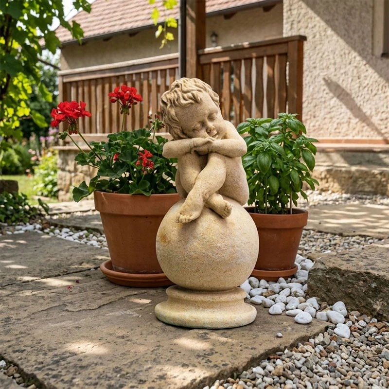 Soška spícího chlapce na kouli