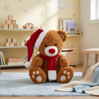 Velký plyšový medvěd s vánoční čepičkou a šálou – 48 cm